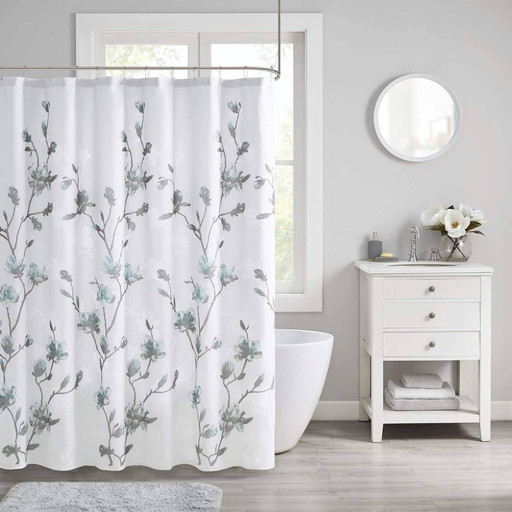 Floral Magnolia Branch Shower Curtain White Grey Teal 72x72 Fabric Botanical